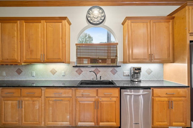 kitchen with dark stone counters, dishwasher, sink, and backsplash