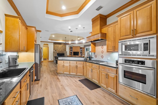 kitchen with sink, decorative light fixtures, light wood-type flooring, a tray ceiling, and stainless steel appliances