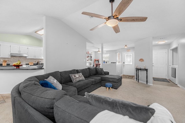 1775 Village Pkwy, Gulf Breeze, FL 32563 - living room with ceiling fan, lofted ceiling, and light carpet