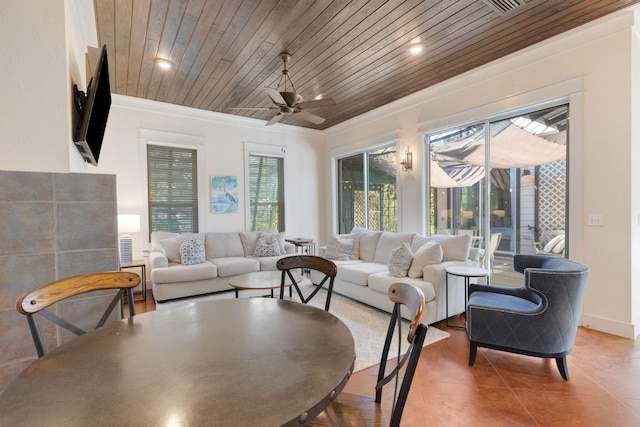 living room with crown molding, tile patterned flooring, wood ceiling, and ceiling fan