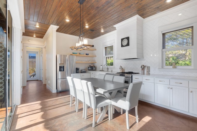 dining space featuring ornamental molding, sink, and wood ceiling