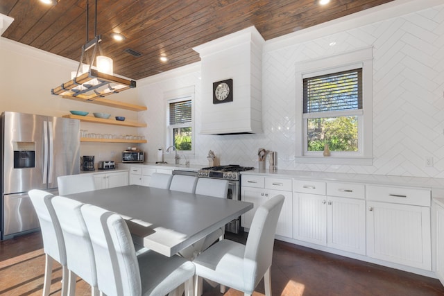 kitchen featuring pendant lighting, appliances with stainless steel finishes, backsplash, white cabinets, and wooden ceiling