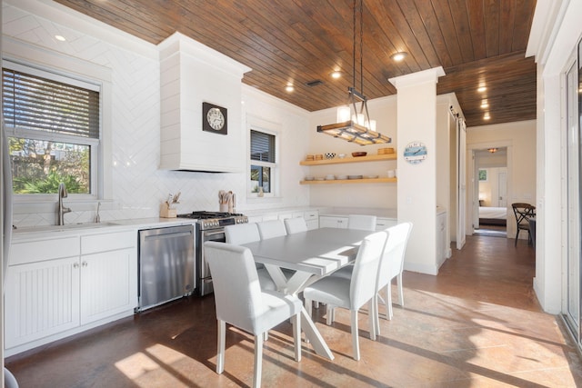 dining room with crown molding, sink, and wooden ceiling