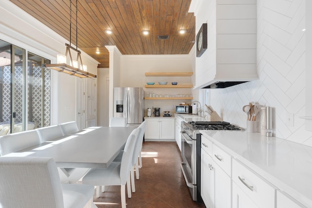 kitchen with wood ceiling, white cabinetry, pendant lighting, stainless steel appliances, and backsplash