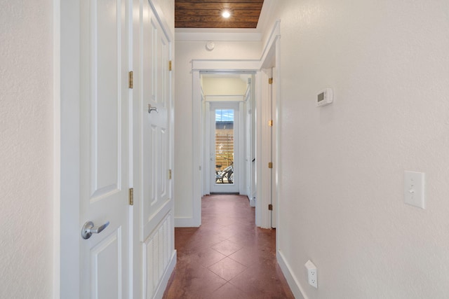 hallway with wood ceiling