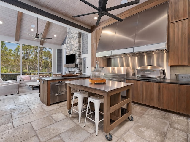 kitchen with beamed ceiling, decorative backsplash, a center island, exhaust hood, and wood ceiling