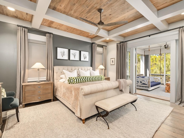 bedroom featuring beamed ceiling, wood-type flooring, coffered ceiling, access to outside, and wooden ceiling