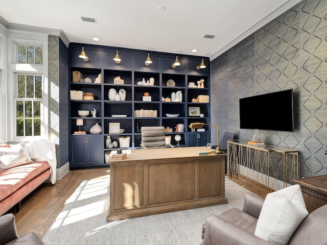 office space featuring crown molding and wood-type flooring