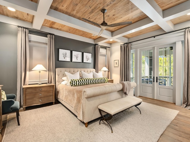 bedroom featuring coffered ceiling, access to exterior, wood ceiling, and light hardwood / wood-style flooring