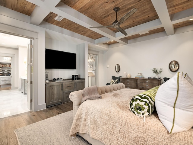 bedroom with coffered ceiling, wood ceiling, light hardwood / wood-style floors, and beamed ceiling