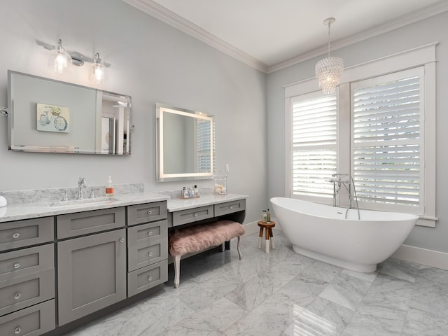 bathroom featuring crown molding, vanity, and a bathing tub