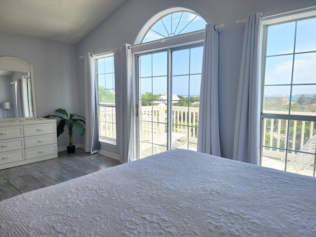 unfurnished bedroom featuring access to exterior, baseboards, vaulted ceiling, wood finished floors, and a textured ceiling