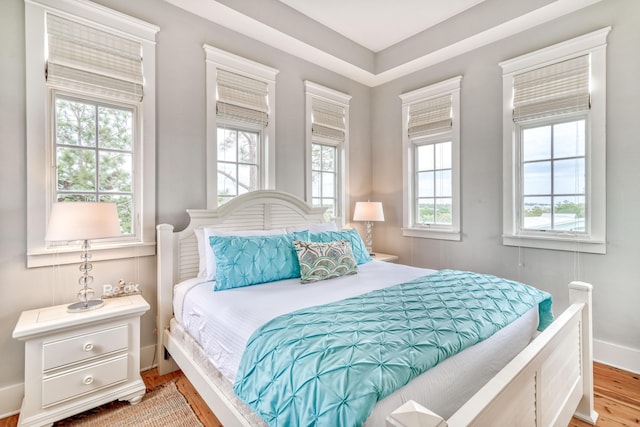 bedroom featuring multiple windows and light hardwood / wood-style flooring