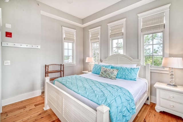 bedroom featuring multiple windows and light hardwood / wood-style flooring