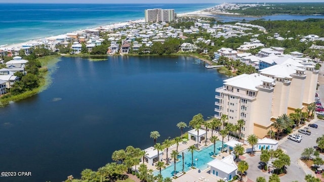 drone / aerial view with a water view