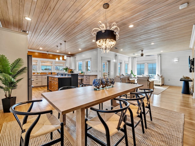 dining room with crown molding, ceiling fan with notable chandelier, wood ceiling, and light hardwood / wood-style flooring