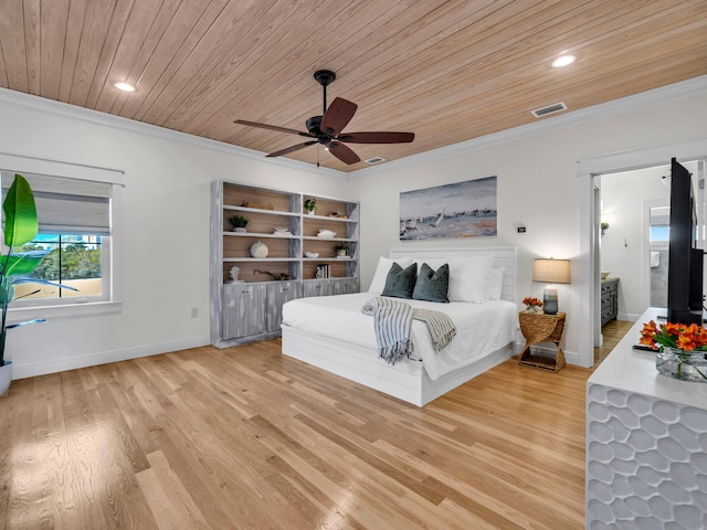 bedroom featuring crown molding, ceiling fan, light wood-type flooring, and wooden ceiling