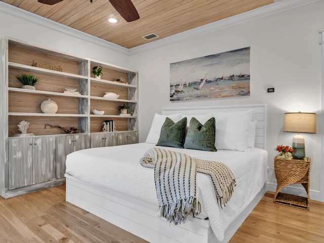 bedroom featuring crown molding, ceiling fan, wooden ceiling, and light wood-type flooring