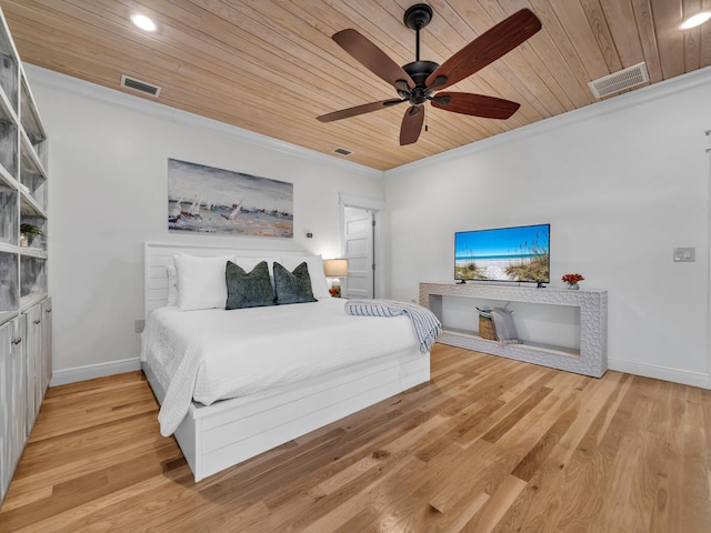 bedroom with ornamental molding, ceiling fan, wood ceiling, and light hardwood / wood-style floors