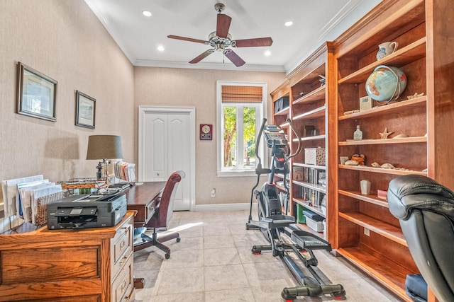 tiled office space featuring crown molding and ceiling fan