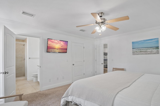 bedroom featuring visible vents, crown molding, light carpet, and baseboards