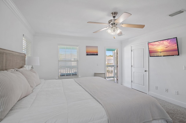 bedroom with light carpet, a ceiling fan, baseboards, visible vents, and crown molding