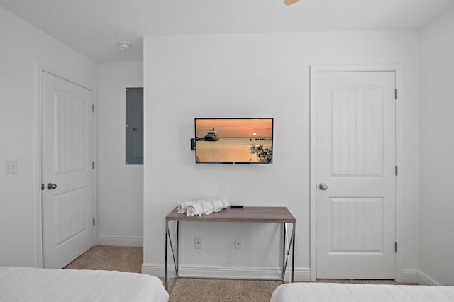 bedroom featuring electric panel and baseboards