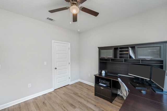 office space with light hardwood / wood-style floors and ceiling fan