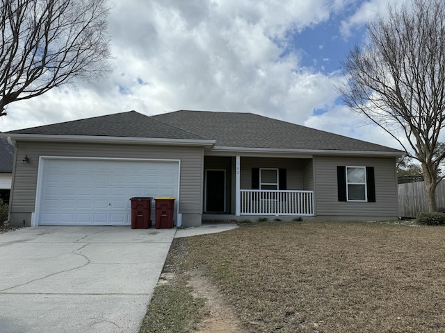 ranch-style house featuring a garage and covered porch