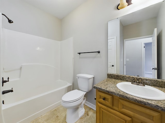 full bathroom featuring bathtub / shower combination, vanity, toilet, and tile patterned flooring