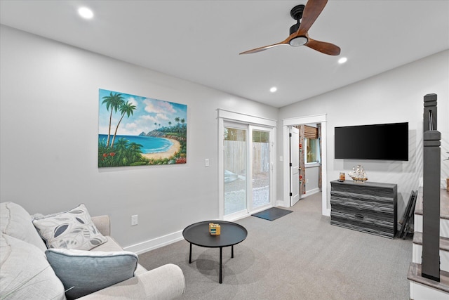 living room with ceiling fan, recessed lighting, baseboards, vaulted ceiling, and carpet