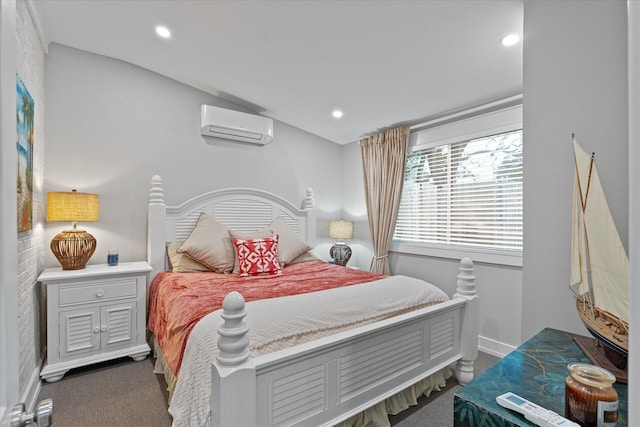 bedroom featuring recessed lighting, baseboards, a wall mounted air conditioner, and carpet flooring