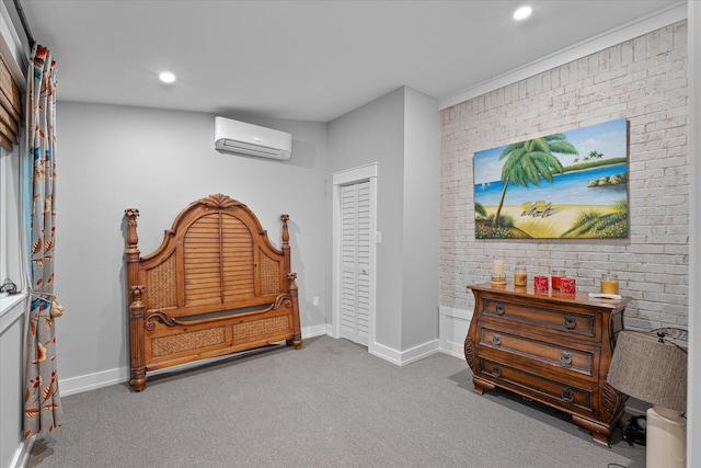 carpeted bedroom with brick wall, a wall unit AC, and recessed lighting