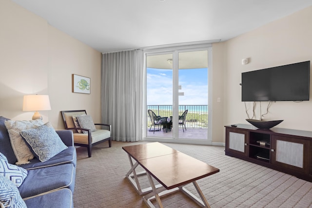 carpeted living room featuring floor to ceiling windows