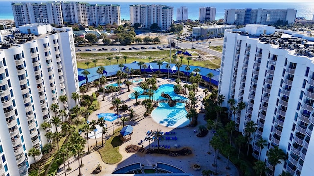 birds eye view of property featuring a water view