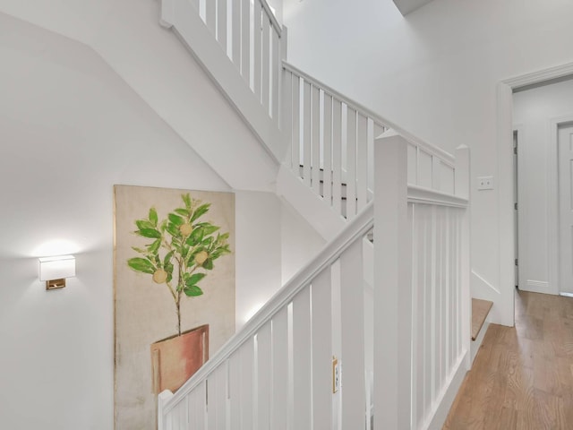 stairway featuring hardwood / wood-style flooring