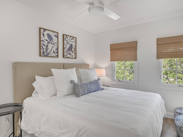 bedroom with multiple windows, hardwood / wood-style floors, and ceiling fan