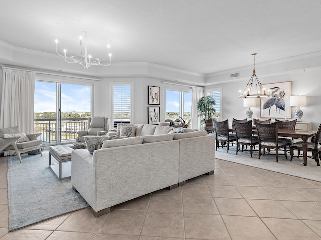 tiled living room with a notable chandelier and ornamental molding