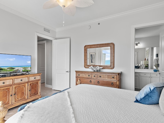 bedroom featuring light tile patterned flooring, ensuite bath, crown molding, and ceiling fan