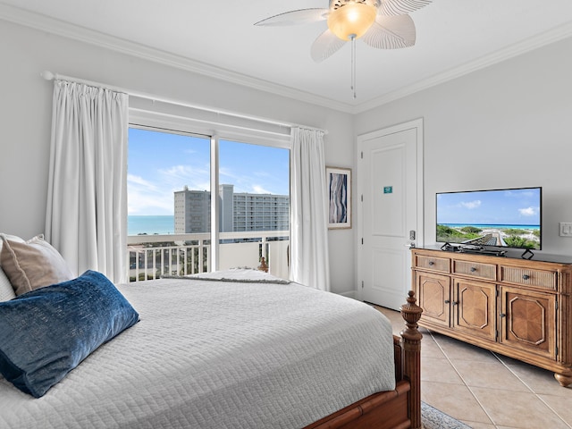 bedroom with crown molding, ceiling fan, and light tile patterned flooring