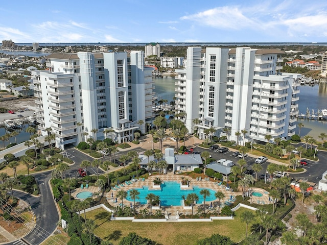 birds eye view of property featuring a water view