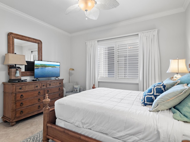 bedroom featuring light tile patterned flooring, ceiling fan, crown molding, and multiple windows