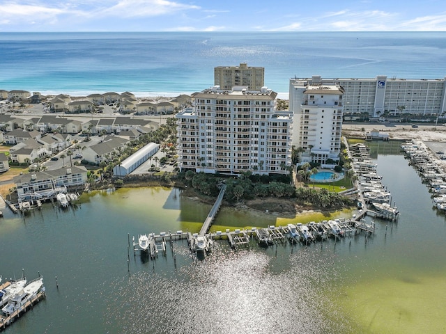 birds eye view of property featuring a water view