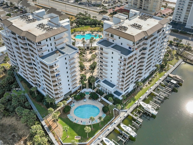 aerial view featuring a water view