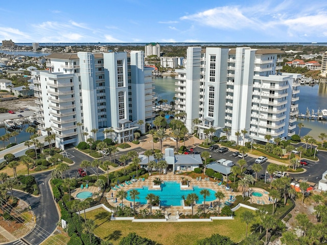 drone / aerial view featuring a water view