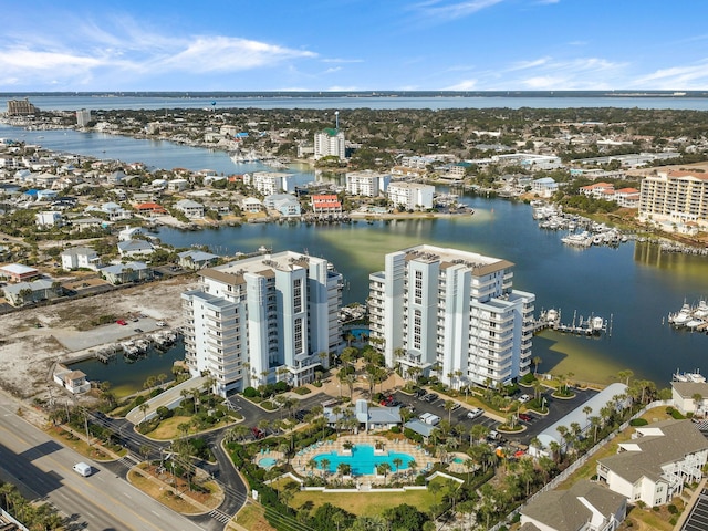 drone / aerial view with a water view