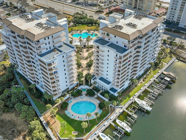 drone / aerial view featuring a water view