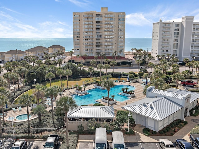 drone / aerial view with a water view