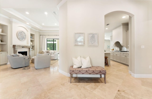 416 Admiral Ct, Destin, FL 32541 - corridor with ornamental molding, built in features, arched walkways, recessed lighting, and baseboards