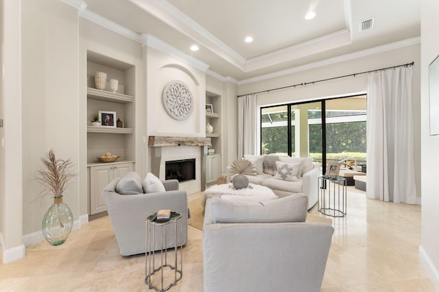 416 Admiral Ct, Destin, FL 32541 - living room with built in features, crown molding, a high end fireplace, baseboards, and recessed lighting